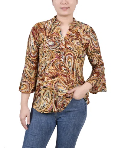 Ny Collection Women's 3/4 Bell Sleeve Pleat Front Y-neck Top In Multi Gray Peacock