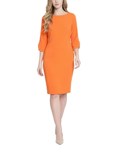 Ny Collection Women's 3/4 Mother Of Pearl-detail Petal Sleeve Dress In Orange