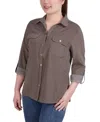 Ny Collection Petites Womens Striped Collared Blouse In Brown