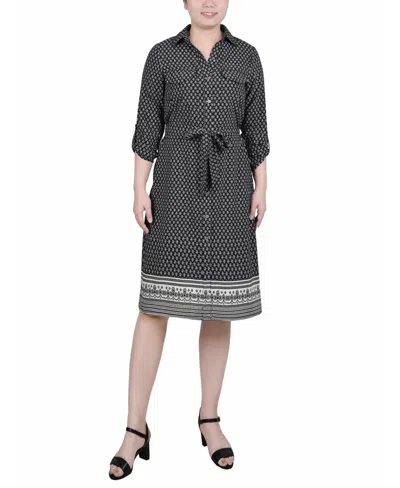 Ny Collection Women's 3/4 Roll Tab Sleeve Belted Shirtdress In Black Border