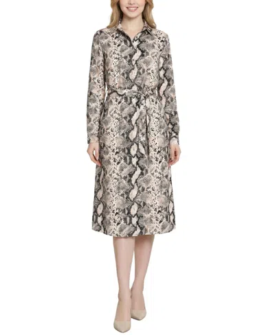 Ny Collection Women's 3/4 Roll Tab Sleeve Collared Dress In Gray