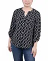 Ny Collection Women's 3/4 Roll Tab Sleeve Mandarin Collar Blouse In Black
