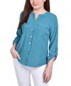 Ny Collection Women's 3/4 Roll Tab Sleeve Mandarin Collar Blouse In Blue