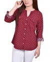 Ny Collection Women's 3/4 Roll Tab Sleeve Mandarin Collar Blouse In Red