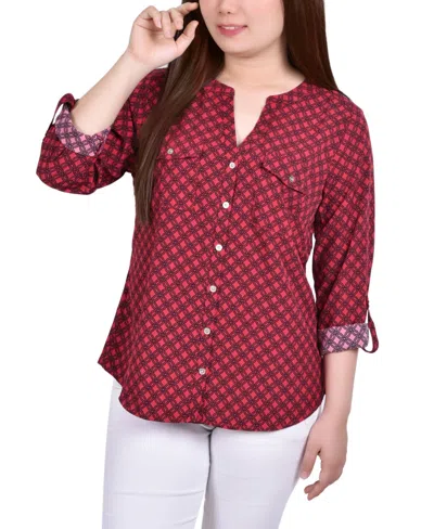 Ny Collection Women's 3/4 Roll Tab Sleeve Mandarin Collar Blouse In Red