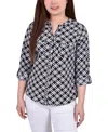 Ny Collection Plus Size 3/4 Sleeve Roll Tab Y Neck Blouse In Black White Iconic