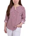 Ny Collection Women's 3/4 Roll Tab Sleeve Mandarin Collar Blouse In Rodedendrum,white New Iconic