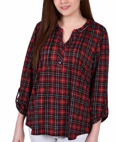 Ny Collection Women's 3/4 Roll Tab Sleeve Y-neck Top In Multi