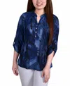 Ny Collection Women's 3/4 Roll Tab Sleeve Y-neck Top In Navy Chevron