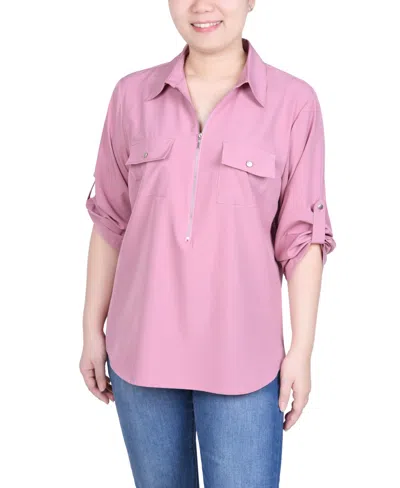 Ny Collection Petite 3/4 Roll Tab Sleeve Zip Front Blouse In Lilas