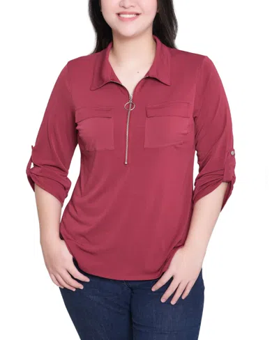 Ny Collection Women's 3/4 Roll Tab Zip Front Top In Burgundy