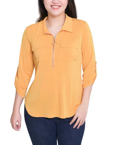 Ny Collection Women's 3/4 Roll Tab Zip Front Top In Orange