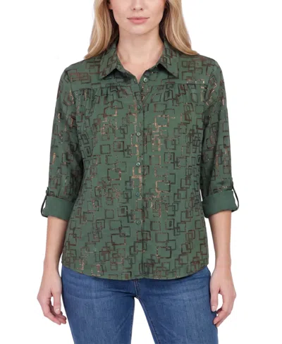 Ny Collection Women's 3/4 Roll-tab Sleeve Collared Button-up Blouse In Green