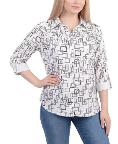 Ny Collection Women's 3/4 Roll-tab Sleeve Collared Button-up Blouse In White