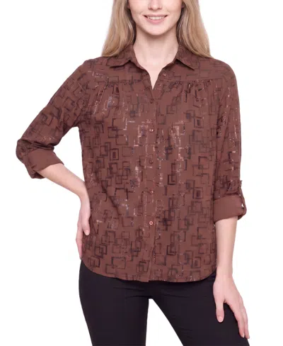 Ny Collection Women's 3/4 Roll-tab Sleeve Collared Button-up Blouse In Brown