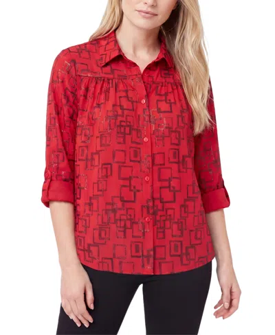 Ny Collection Women's 3/4 Roll-tab Sleeve Collared Button-up Blouse In Red