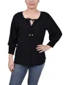 Ny Collection Petite Button Front 3/4 Sleeve Blouse In Black