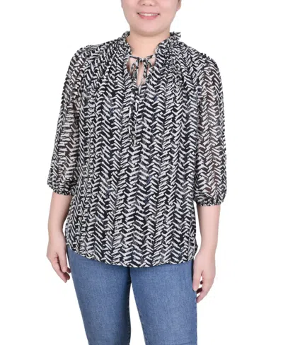 Ny Collection Women's 3/4 Sleeve Chiffon Blouse In Black White Chevron