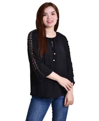 Ny Collection Petites Womens Eylett Sleeves Tie Neck Pullover Top In Black