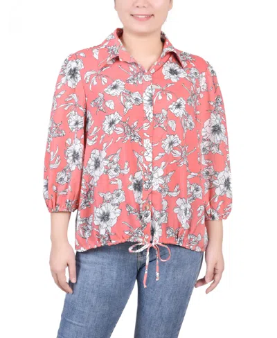 Ny Collection Women's 3/4 Sleeve Drawstring Blouse In Coral Black Floral