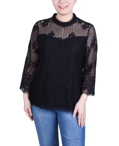 Ny Collection Women's 3/4 Sleeve Lace Blouse In Black