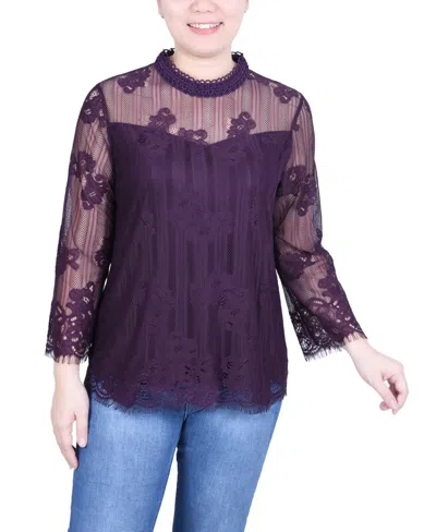 Ny Collection Women's 3/4 Sleeve Lace Blouse In Plum Perfect