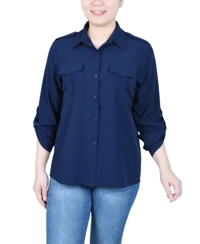 Ny Collection Women's 3/4 Sleeve Roll Tab Blouse In Sky Diver