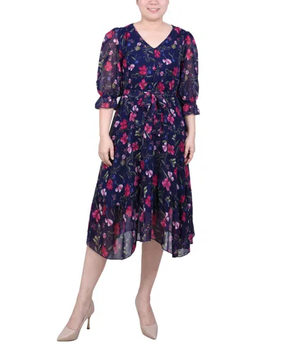 Ny Collection Women's 3/4 Sleeve V-neck Flounced Dress In Navy Hibifleur
