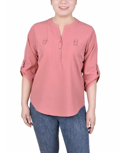 Ny Collection Women's 3/4 Tabbed Sleeve Y Neck Blouse In Dusty Rose