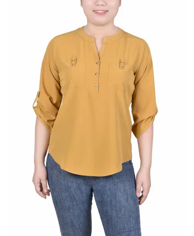 Ny Collection Women's 3/4 Tabbed Sleeve Y Neck Blouse In Mustard Gold