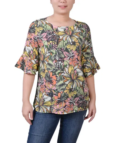 Ny Collection Women's Bell Sleeve Blouse In Ivory Tropical Left