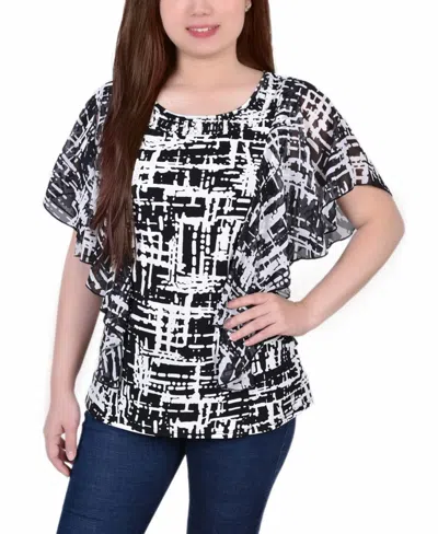 Ny Collection Plus Size Chiffon Sleeve Poncho With Studded Neckline Top In Black Acutelines