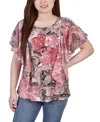 Ny Collection Women's Chiffon Sleeve Poncho Top With Studded Neckline In Coral Paisley