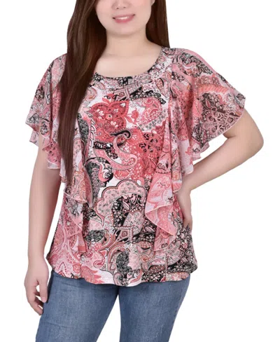 Ny Collection Women's Chiffon Sleeve Poncho Top With Studded Neckline In Coral Paisley