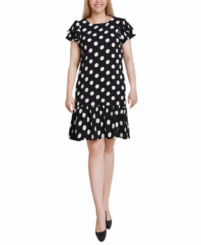 Ny Collection Women's Double Layer Flutter Sleeve Dress In Black White Big Dot