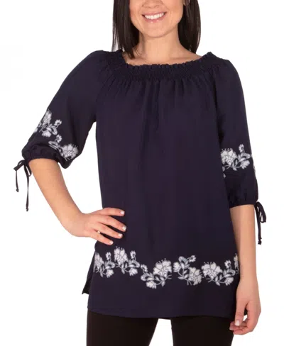 Ny Collection Women's Embroidered Elbow Sleeve Peasant Blouse In Navy