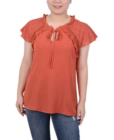 Ny Collection Petite Eyelet Sleeve Blouse In Orange Rust