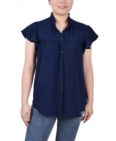 Ny Collection Women's Flutter Sleeve Ruffle Neck Blouse In Navy