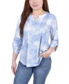 Ny Collection Women's Knit Jacquard 3/4 Sleeve Roll Tab Top In Blue Tie Dye