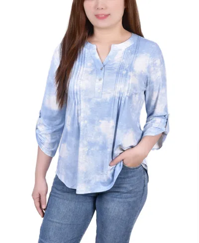 Ny Collection Women's Knit Jacquard 3/4 Sleeve Roll Tab Top In Blue Tie Dye