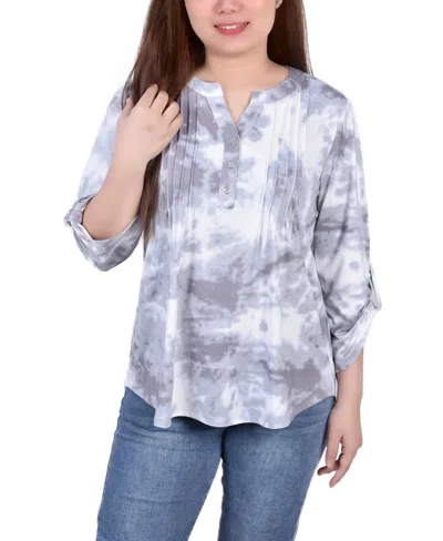 Ny Collection Women's Knit Jacquard 3/4 Sleeve Roll Tab Top In Gray Tie Dye