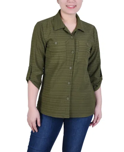 Ny Collection Women's Long Roll Tab Sleeve Jacquard Blouse In Olive