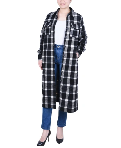 Ny Collection Women's Long Sleeve Calf Length Twill Shirt Jacket In Black White Plaid