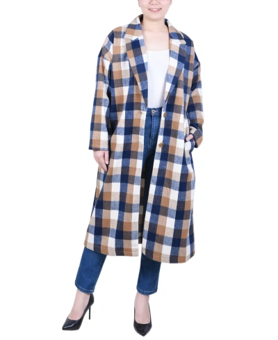 Ny Collection Women's Long Sleeve Calf Length Twill Shirt Jacket In Blue Plaid