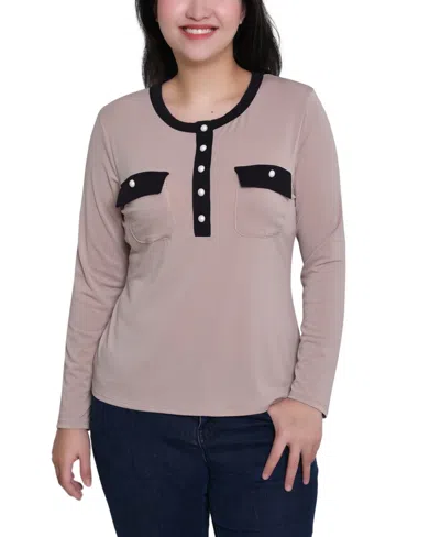 Ny Collection Women's Long Sleeve Contrast Detail Top In Brown