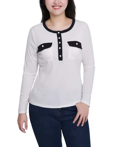 Ny Collection Women's Long Sleeve Contrast Detail Top In White