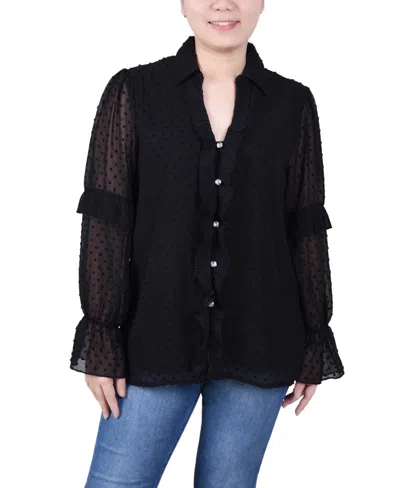 Ny Collection Women's Long Sleeve Dotted Chiffon Blouse In Black