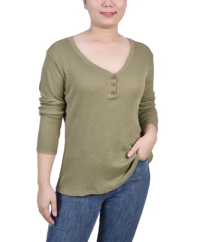 Ny Collection Women's Long Sleeve Ribbed Henley Top In Oil Green