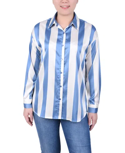 Ny Collection Petite Long Sleeve Striped Satin Blouse In Coronet Blue Eggnog