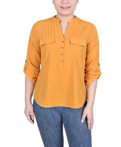Ny Collection Women's Long Tab-sleeve Blouse With Pockets In Golden Glow